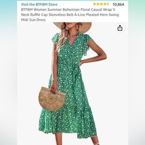 Summer Bohemian Floral Casual Wrap V Neck Sun Dress. Green XL